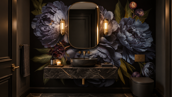 Moody Baroque Peonies with Dark Dramatic Blooms and Golden Leaves Wall Mural