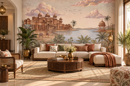 Rajasthani wallpaper in a warm living room with a rattan sofa and wood table GD13083