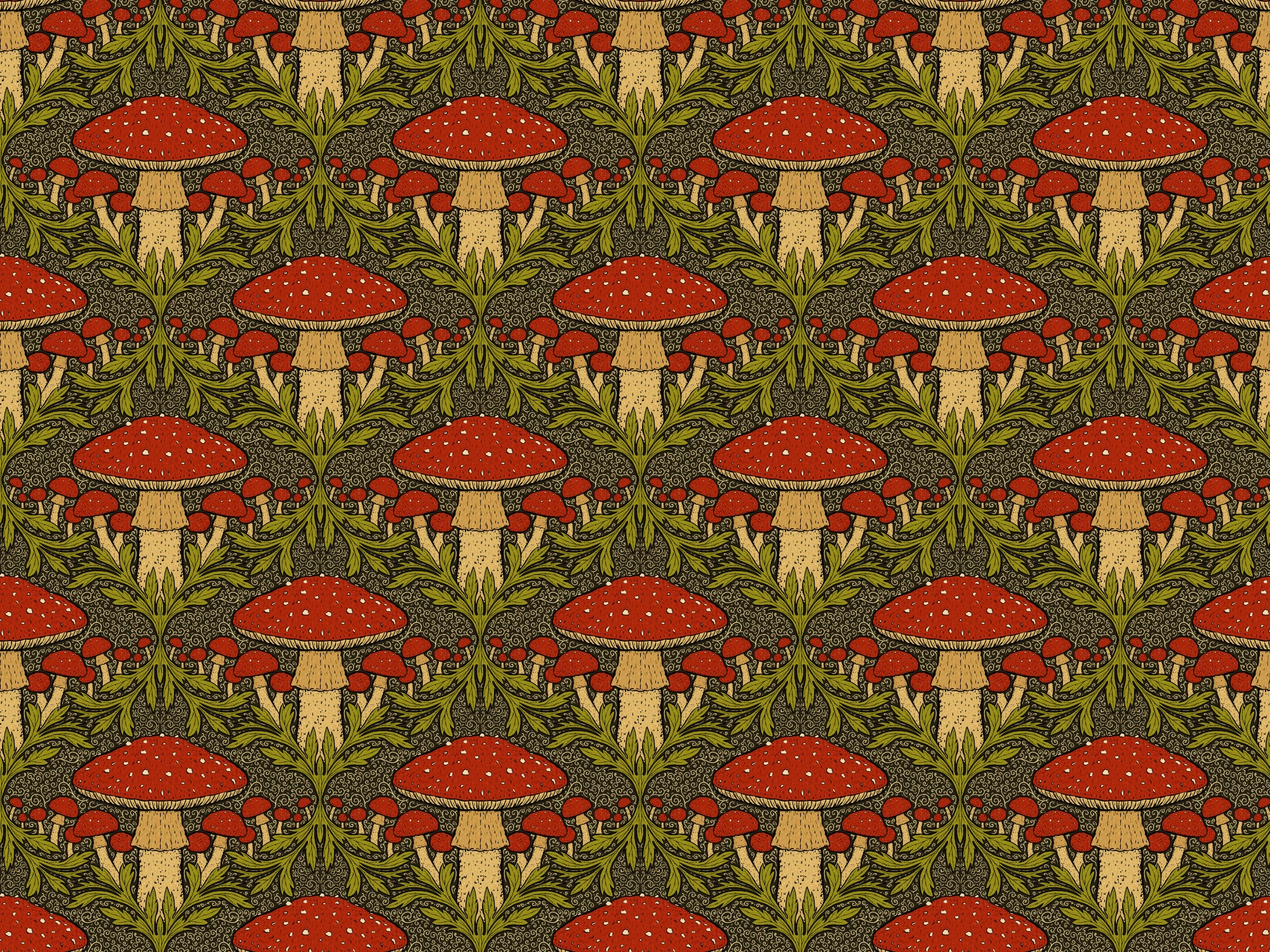 Deep Red Heritage Mushroom Wallpaper in your room — zoomed