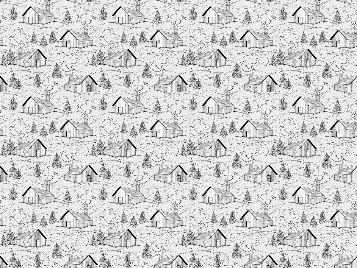 Black and White Smokey Cabin Wallpaper in your room — zoomed