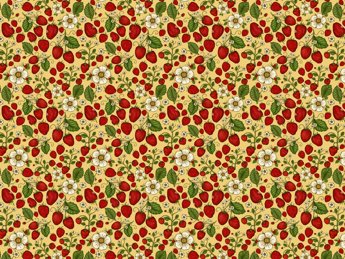 Strawberry Patch Red on Yellow Color Wallpaper in your room — zoomed