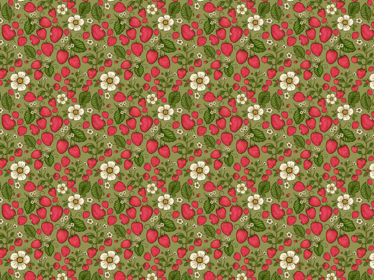 Strawberry Patch Pink on Green Wallpaper