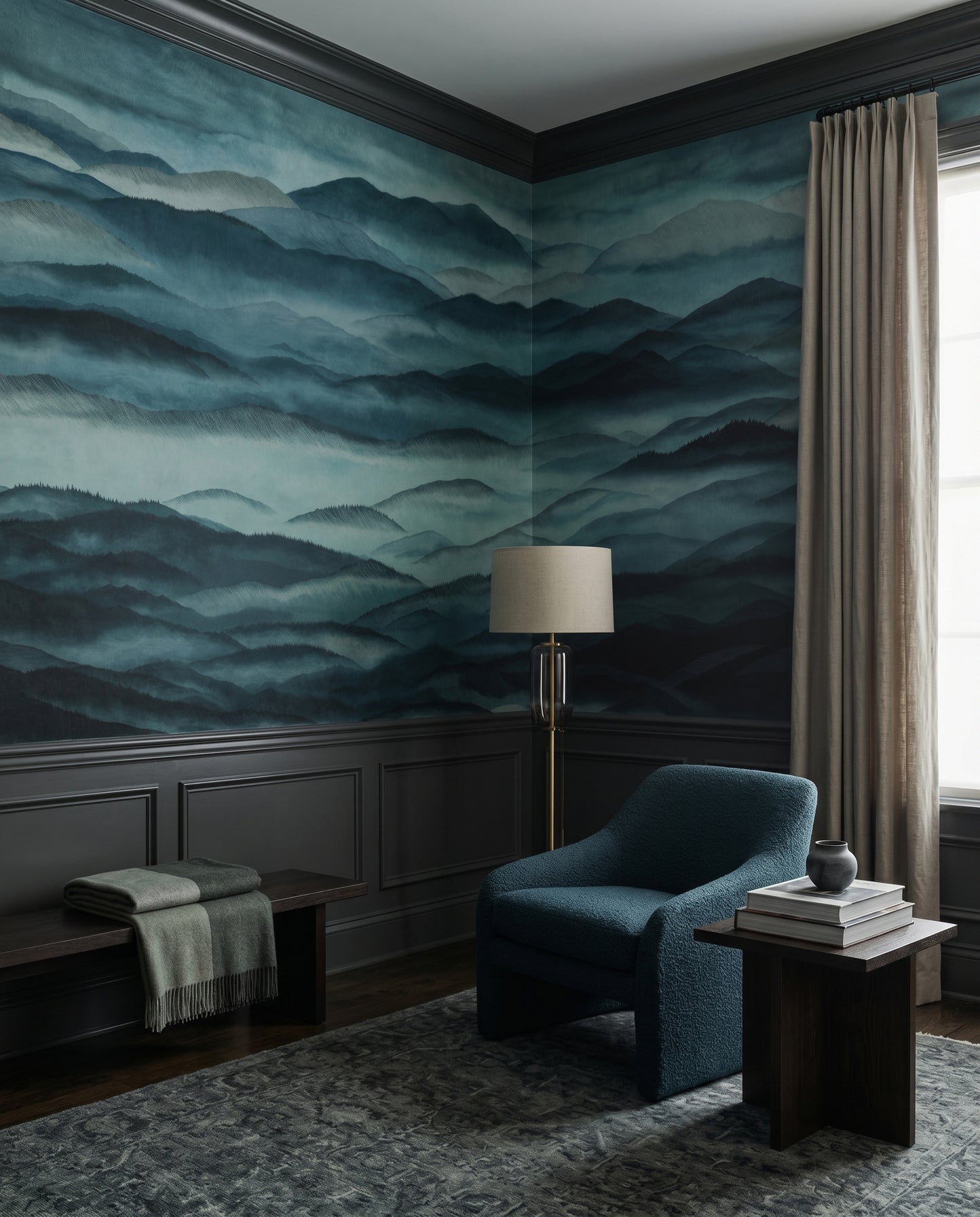 Pale mist and dark ridges open a Living room outward in the Roerich Hills wall mural.