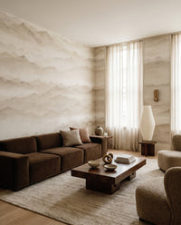 Pale fog meets the Roerich Peaks wall mural inside a Living room.