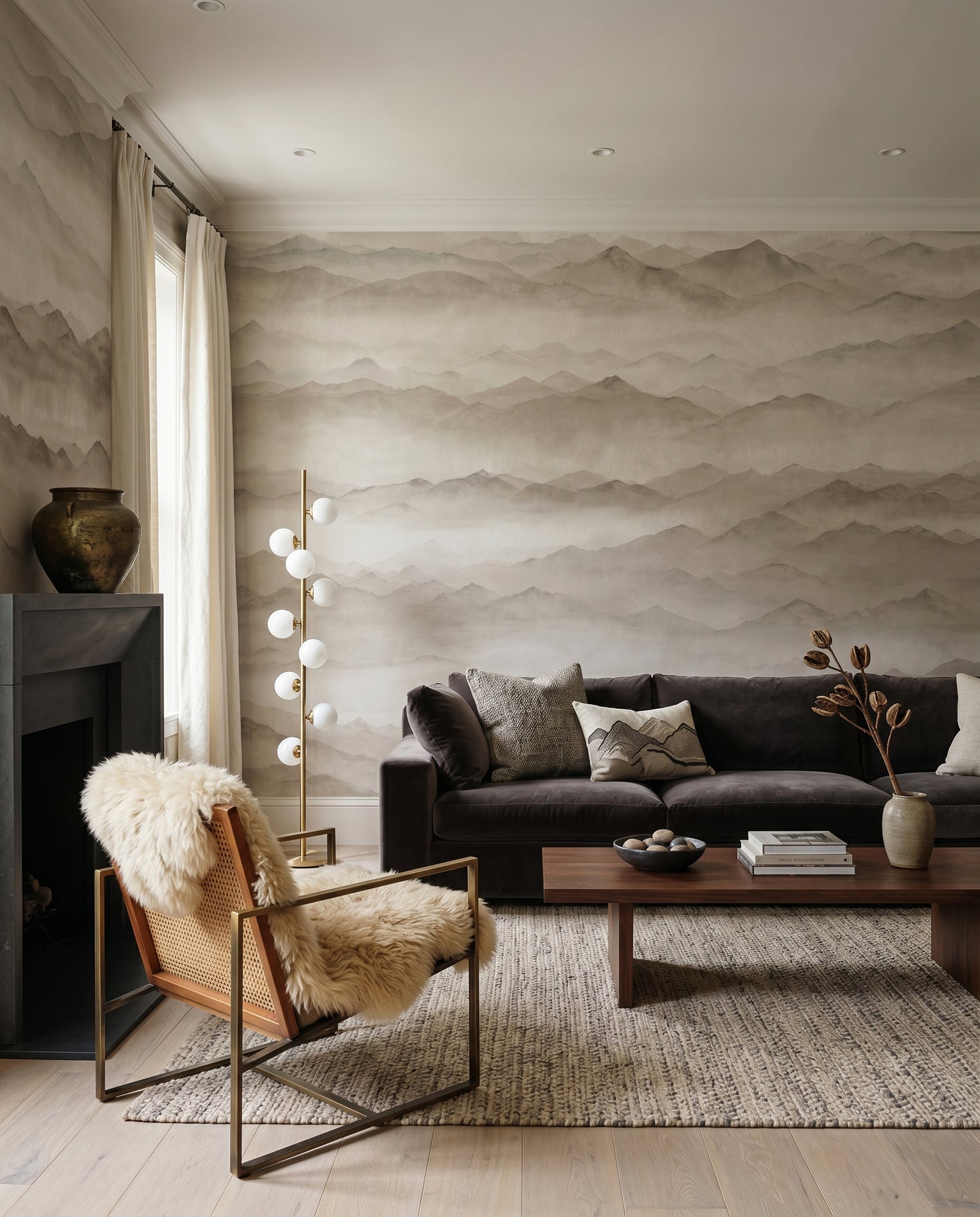 Distant ridges layer across a Living room the Roerich Peaks wall mural.