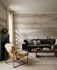 Distant ridges layer across a Living room the Roerich Peaks wall mural.