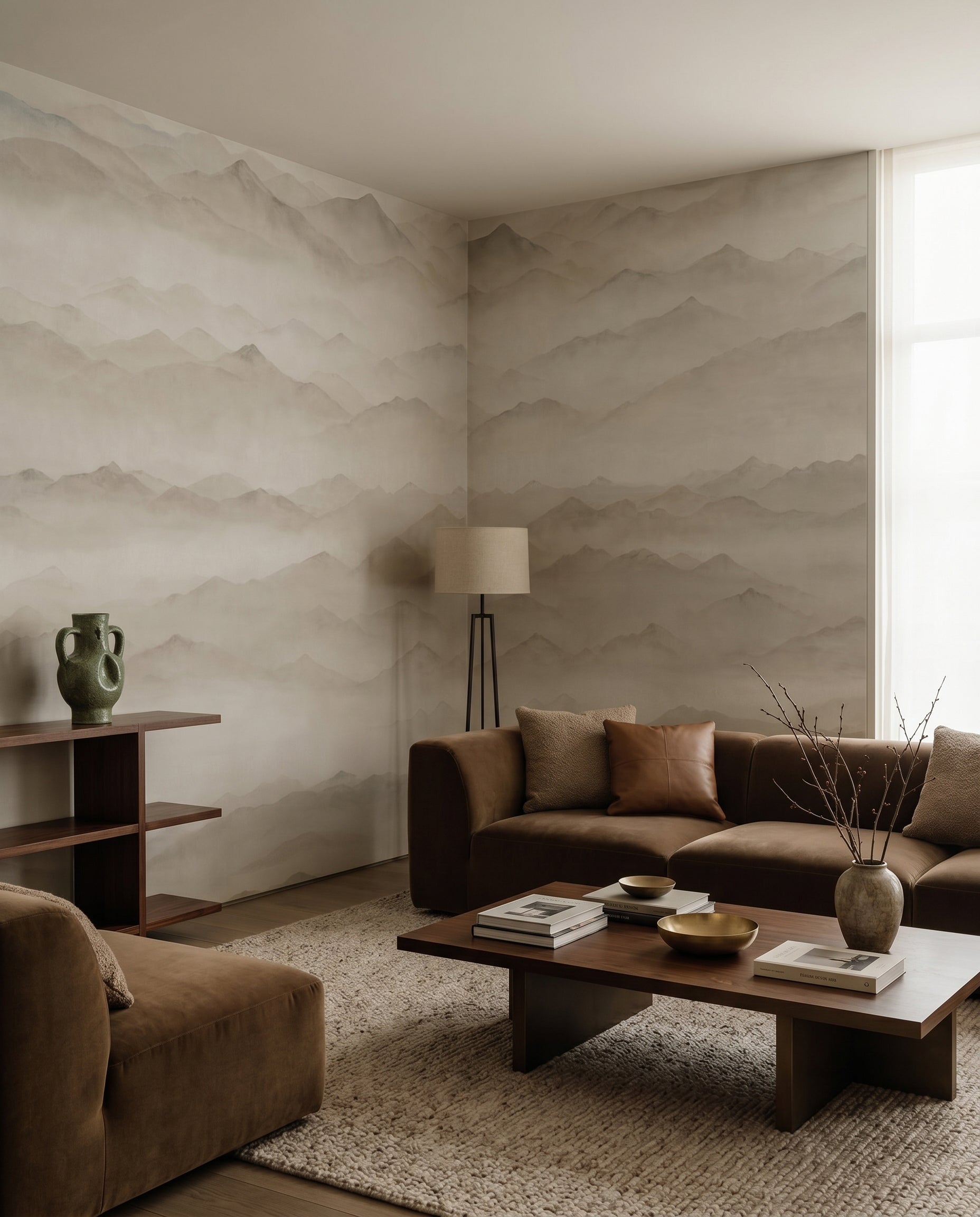 Drifting fog flows between layered ridgelines on the Roerich Peaks wall mural.