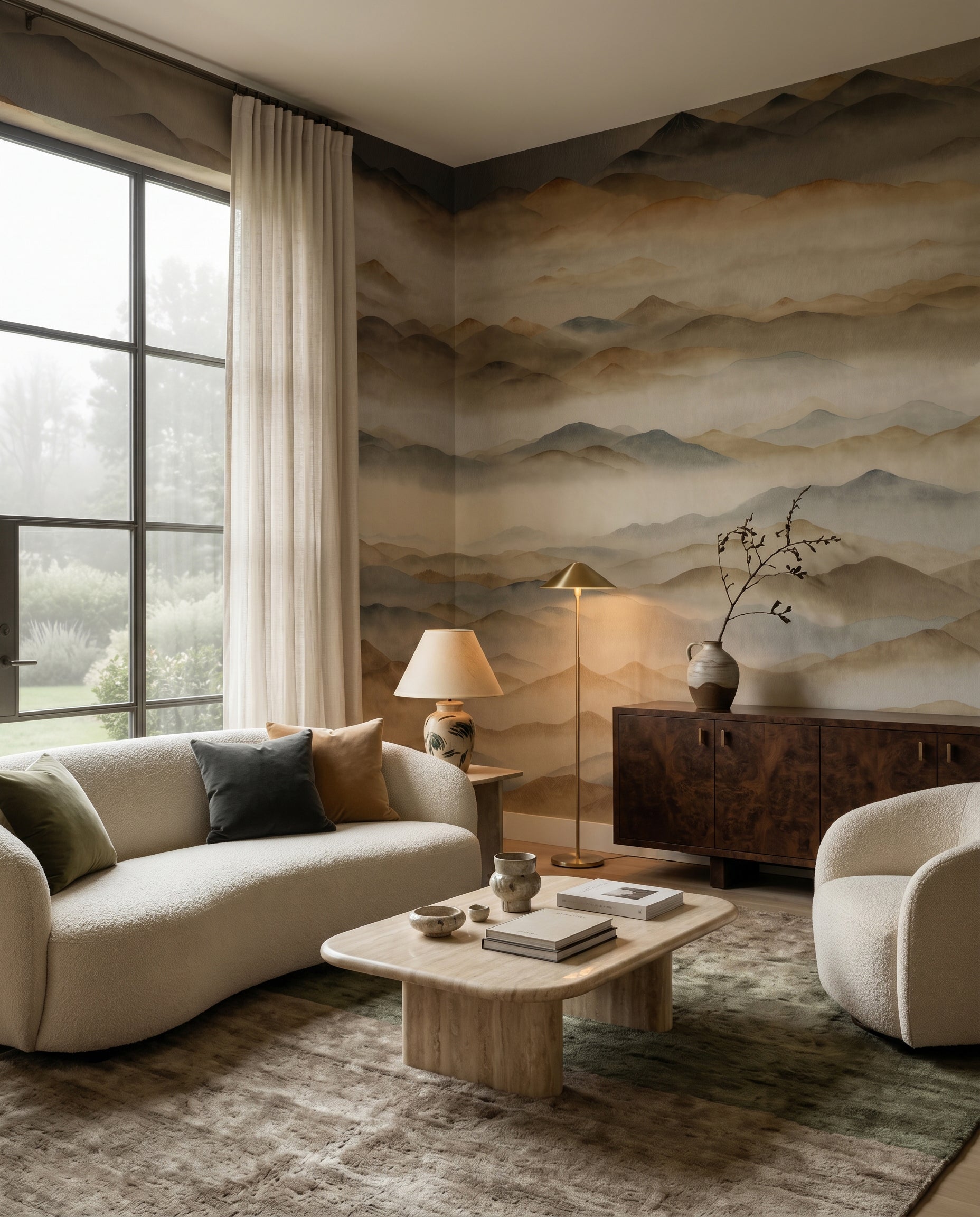 Pale fog drifts between peaks across this Roerich Twilight wall mural in a Living room.