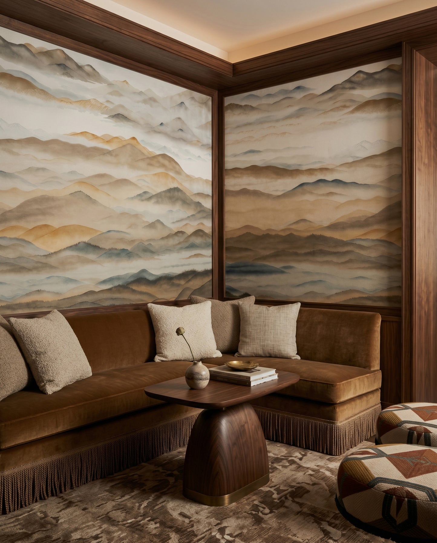Foggy gold peaks rest inside the Living on this Roerich Valley wall mural panel.