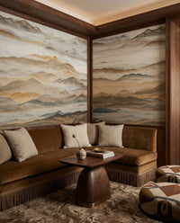 Foggy gold peaks rest inside the Living on this Roerich Valley wall mural panel.