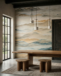 Dining layout warms beside the watercolour ridge wall mural mountain run.