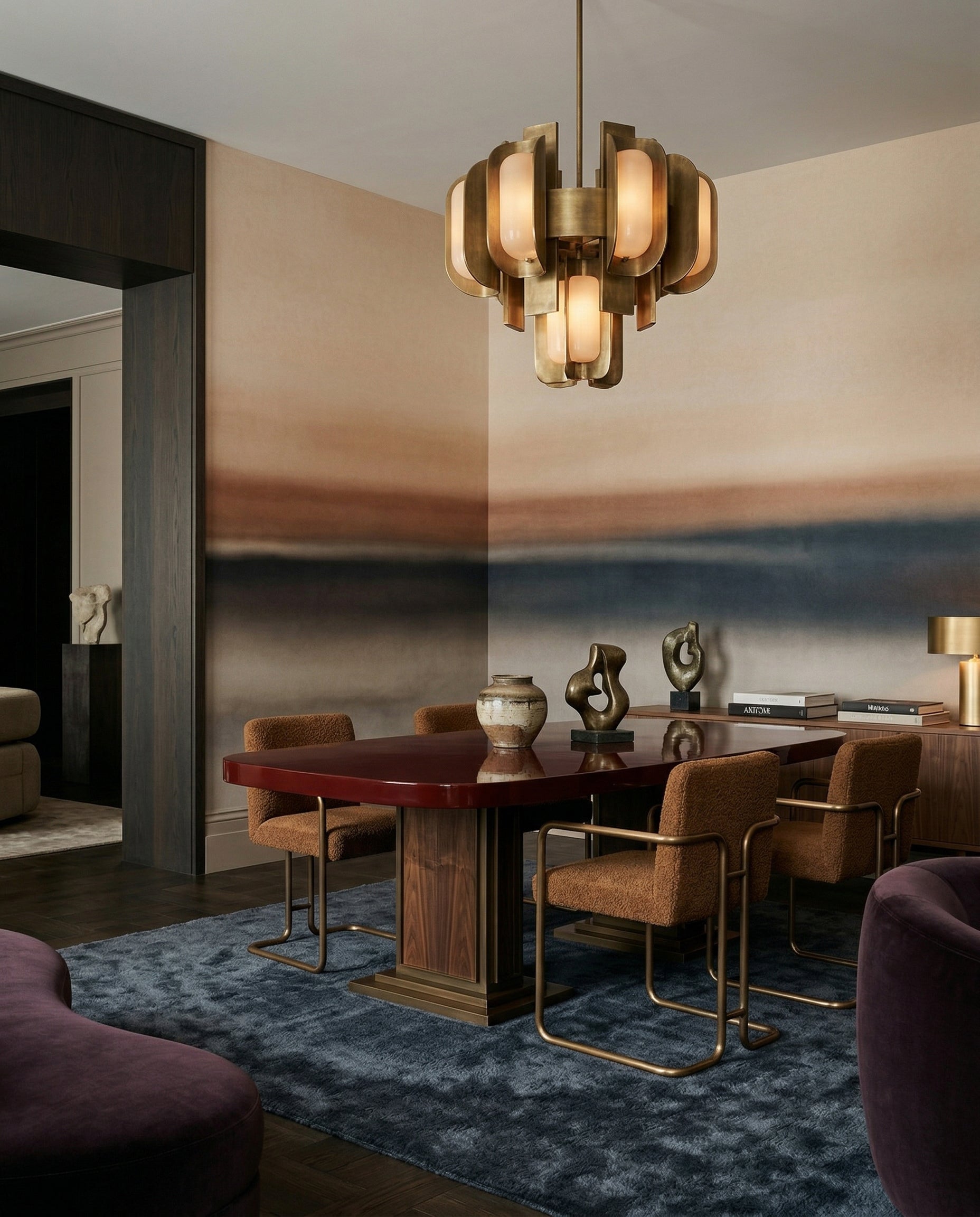 Rotko Dawn wall mural warms the dining room with peach to charcoal bands
