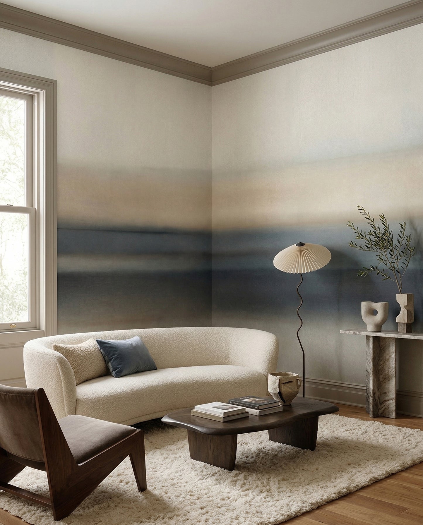 Tonal Rotko Sand wall mural sets a quiet mood across a lounge