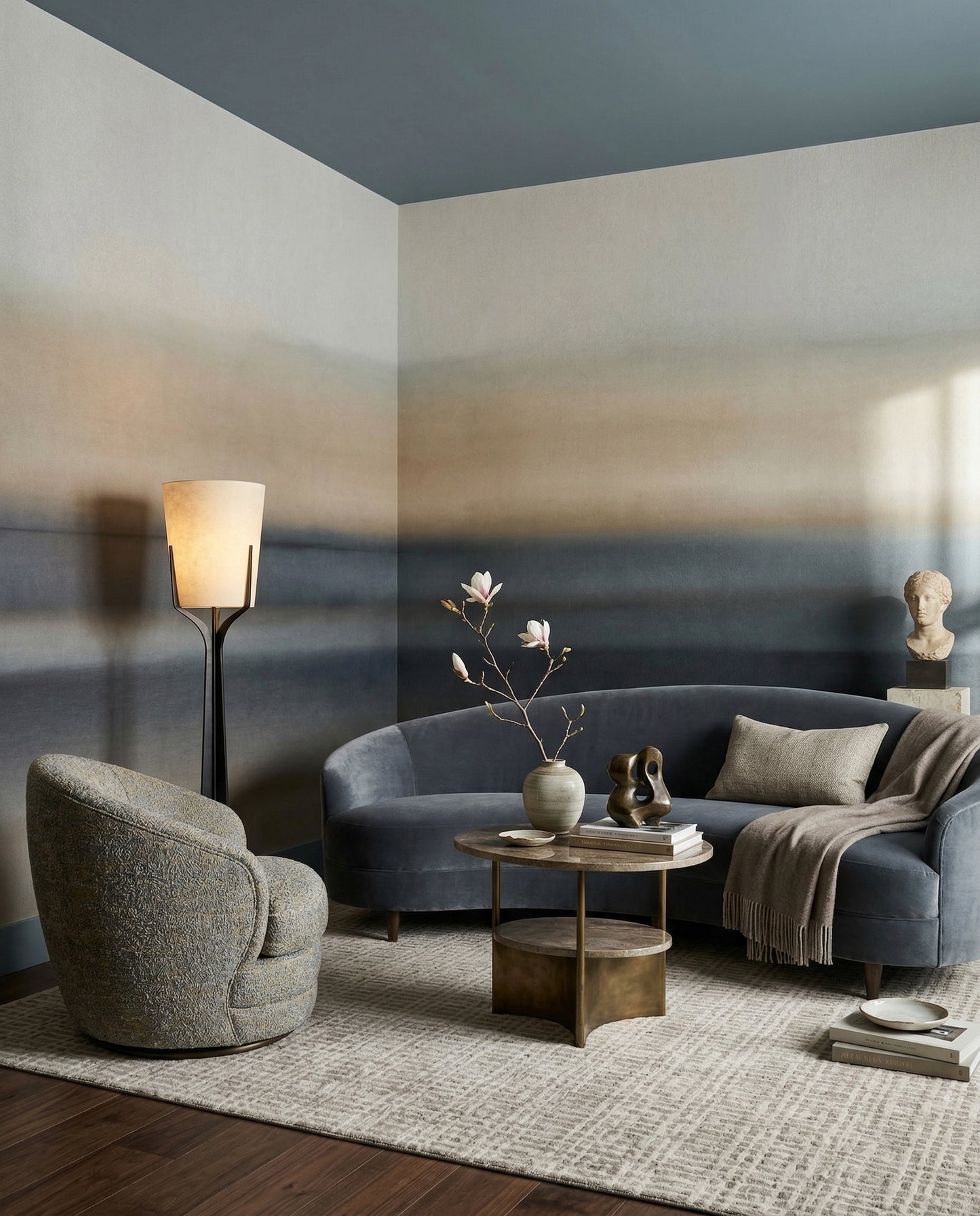Hallway backed by hazy horizon bands of the Rotko Sand wall mural