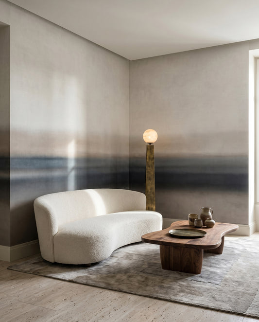 Living room styled around the Rotko Sand wall mural in muted neutrals