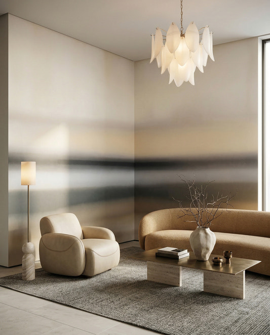 Living room corner finished with the Rotko Ash wall mural in muted bands