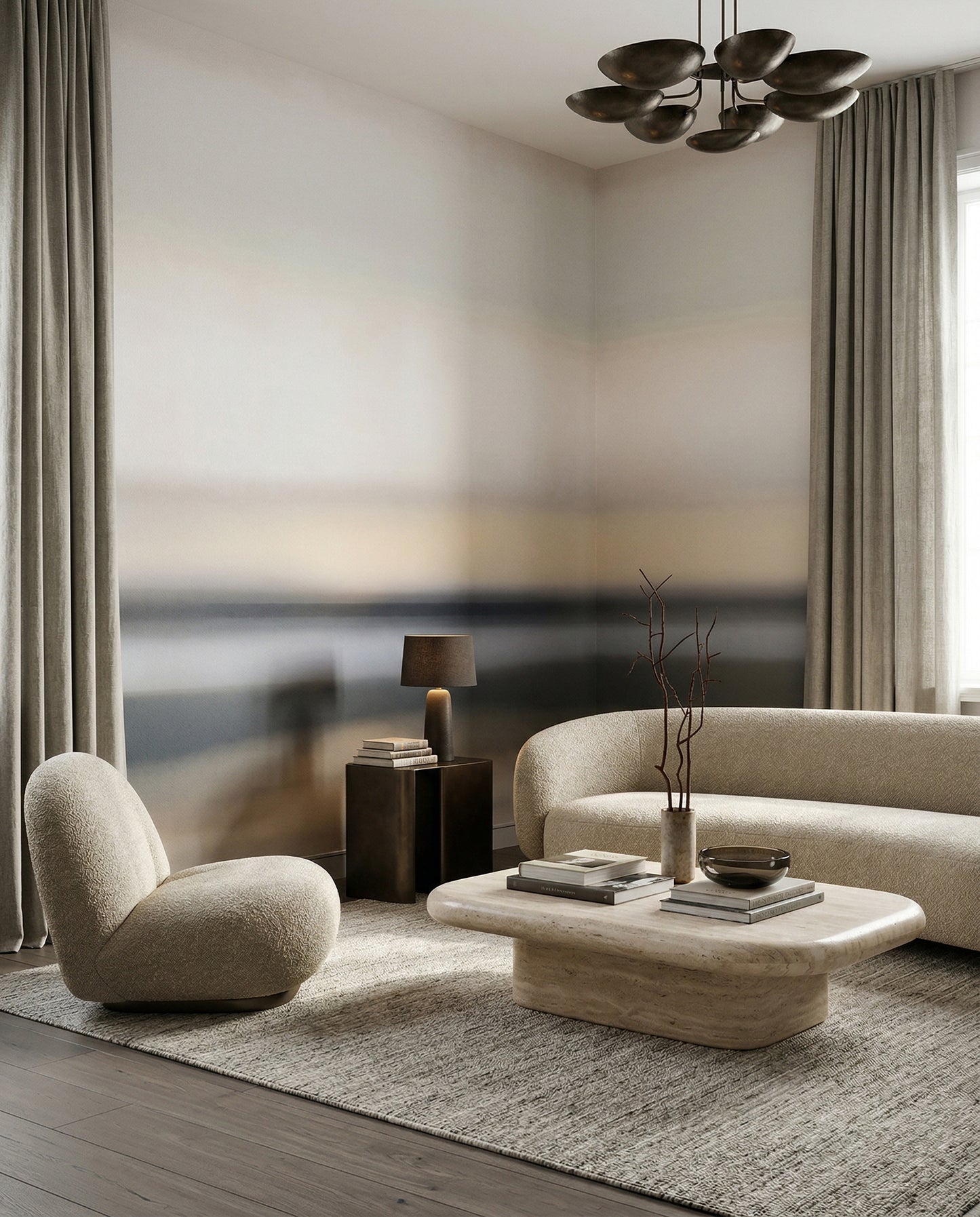 Soft horizon stripes of the Rotko Ash mural facing into a Living room