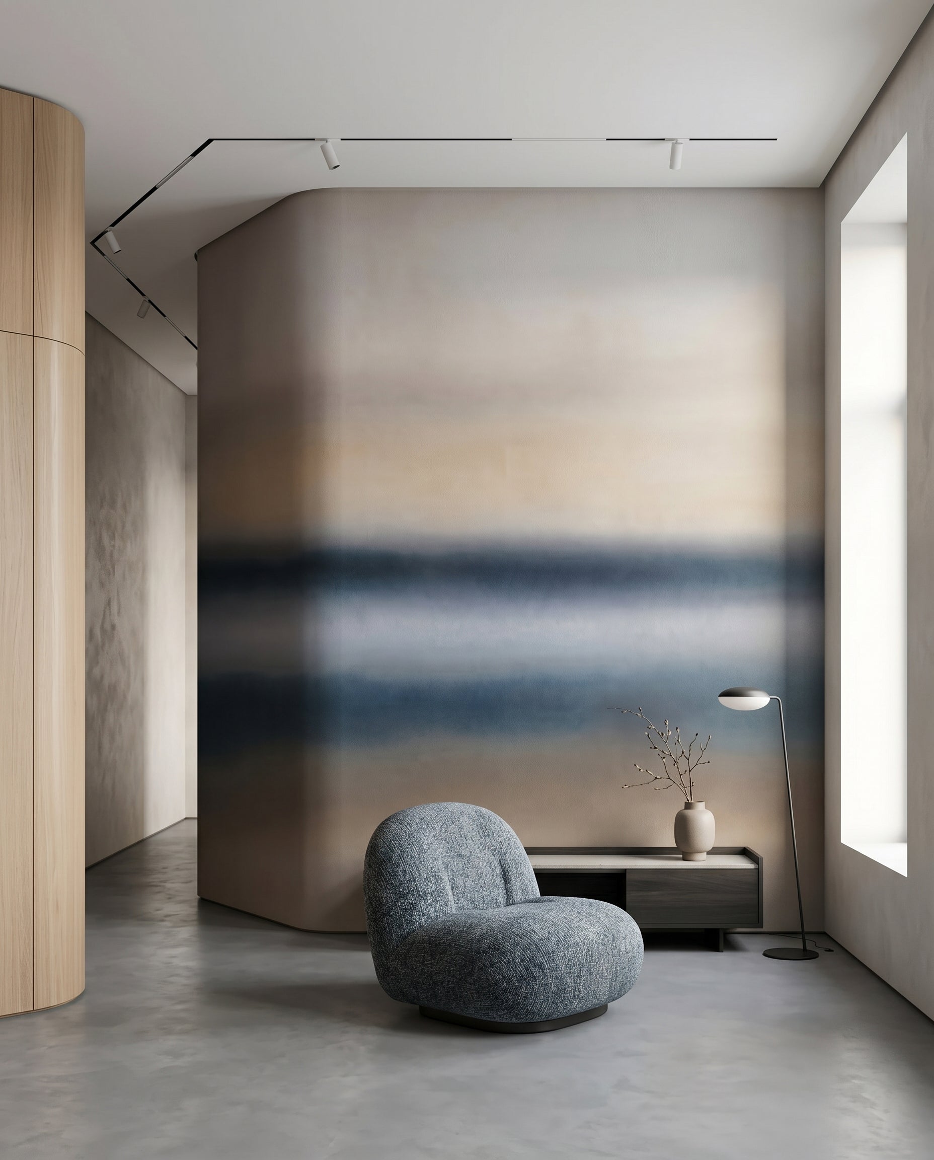 Quiet Living room retreat carrying the Rotko Ash wall mural across one side