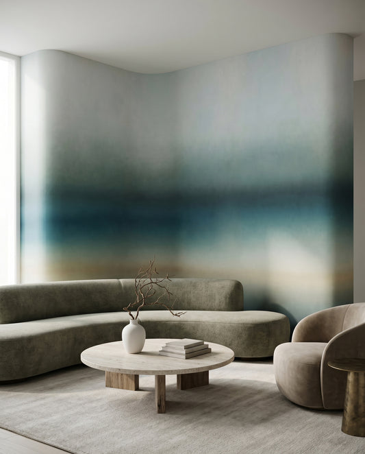 Living room held in muted teal bands by the Rotko Blush wall mural