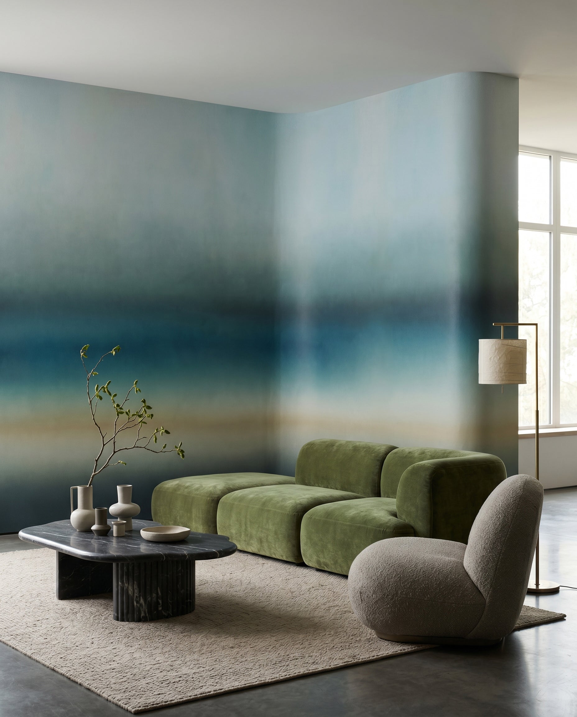 Living room backdrop painted in slow ombre by the Rotko Blush wall mural