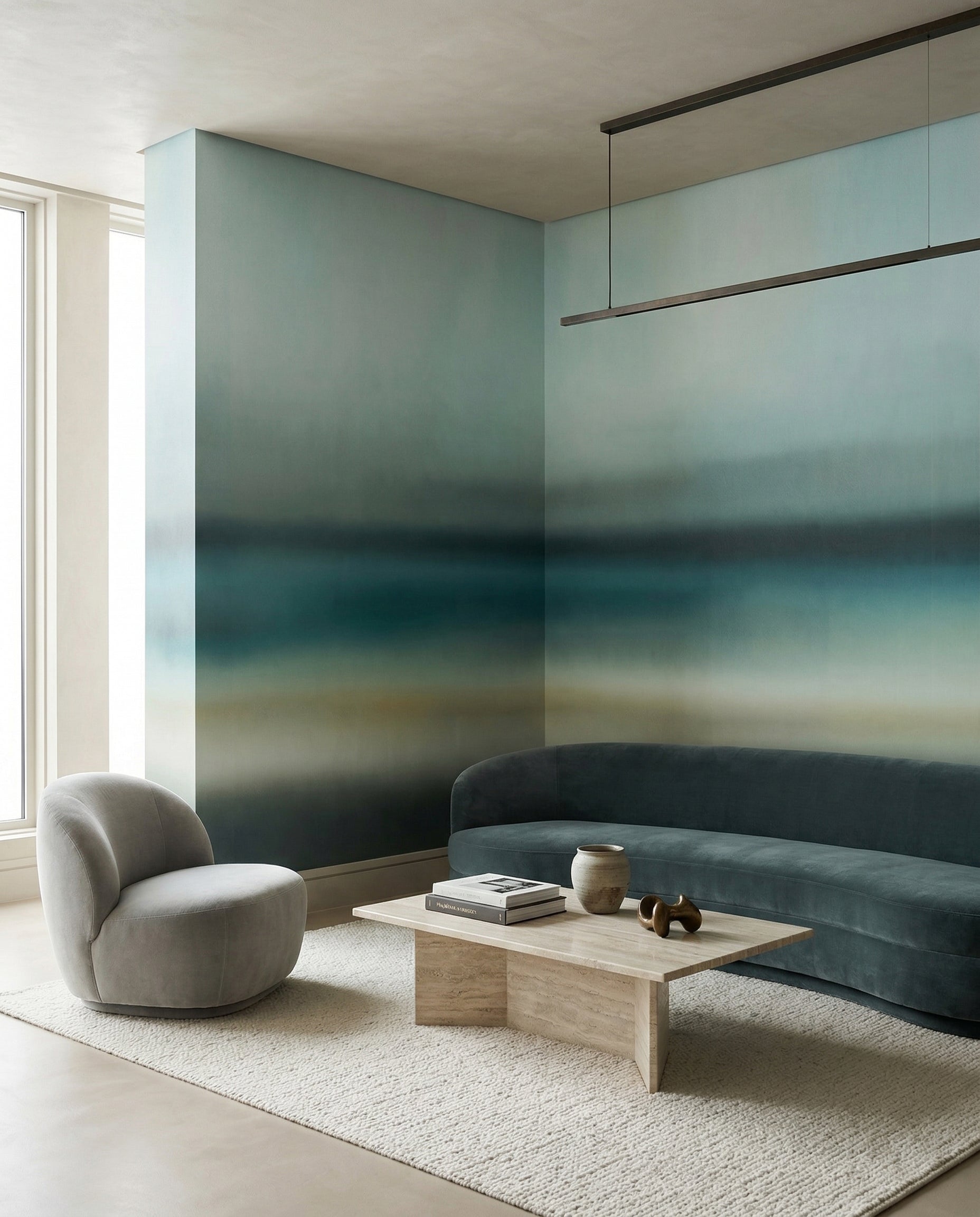 Lounge reading in cool teal and sand under the Rotko Blush wall mural