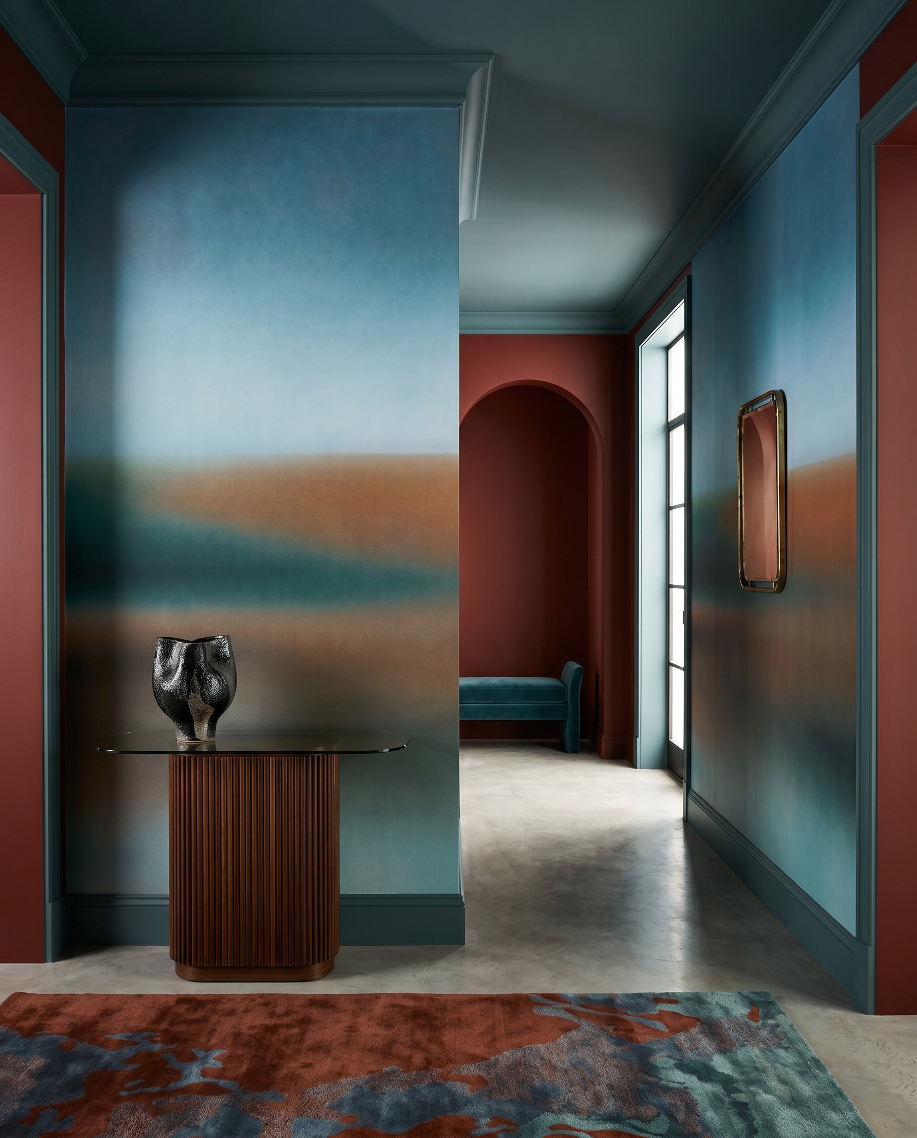 A hazy clay band glows across the lounge in this Rotko wall mural.