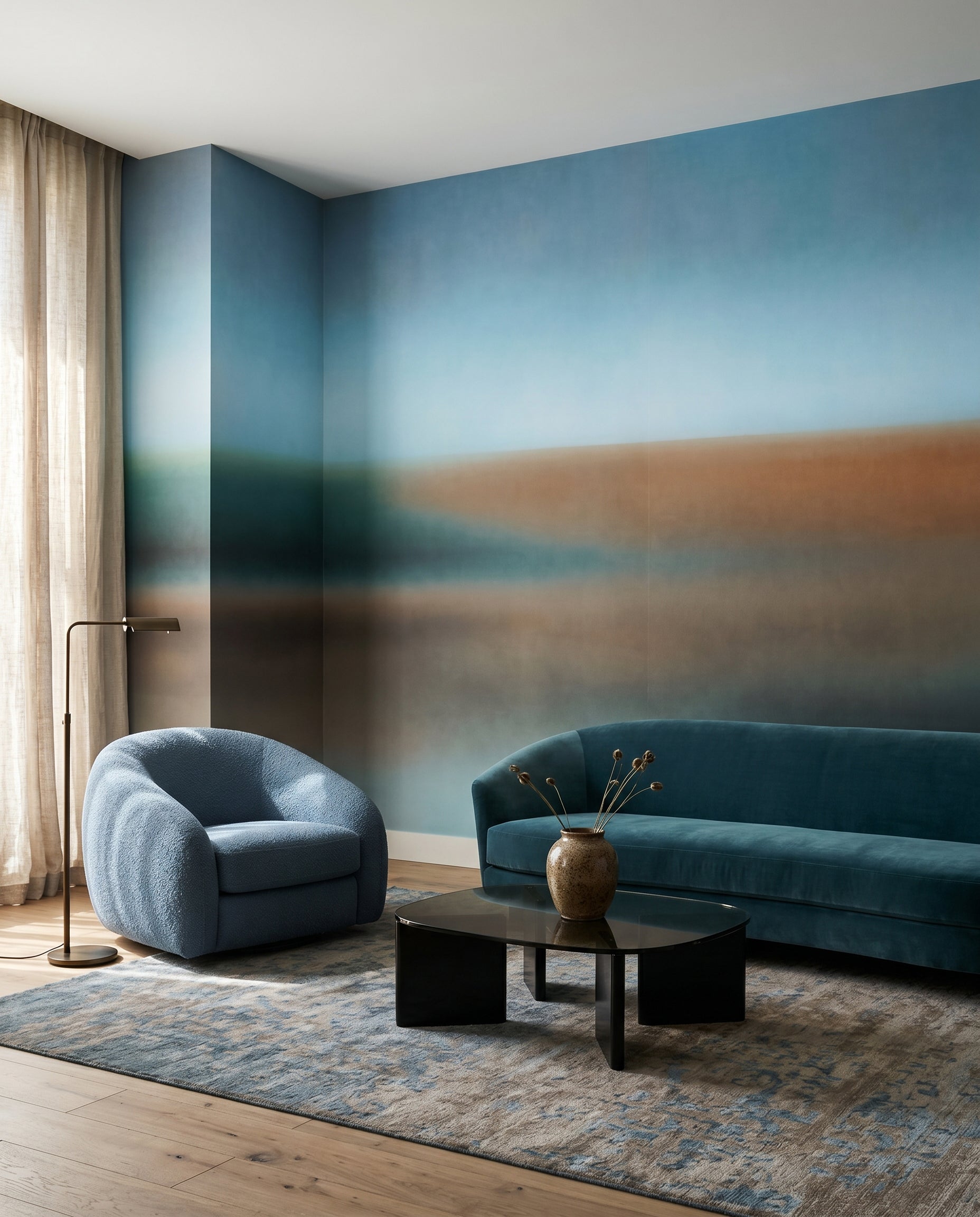 Warm ochre layers a Living room while the Rotko Clay wall mural pulls cool teal beneath.