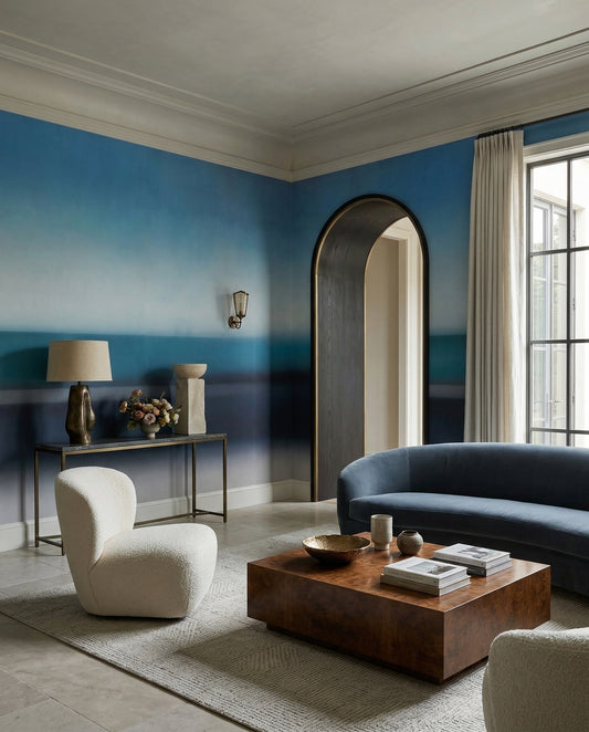 Living room styled around the Rotko Veil wall mural's blurred sea bands