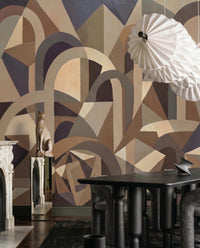 Dining room backdrop pairs cubist arches and taupe tones with this Silent Axis wall mural.