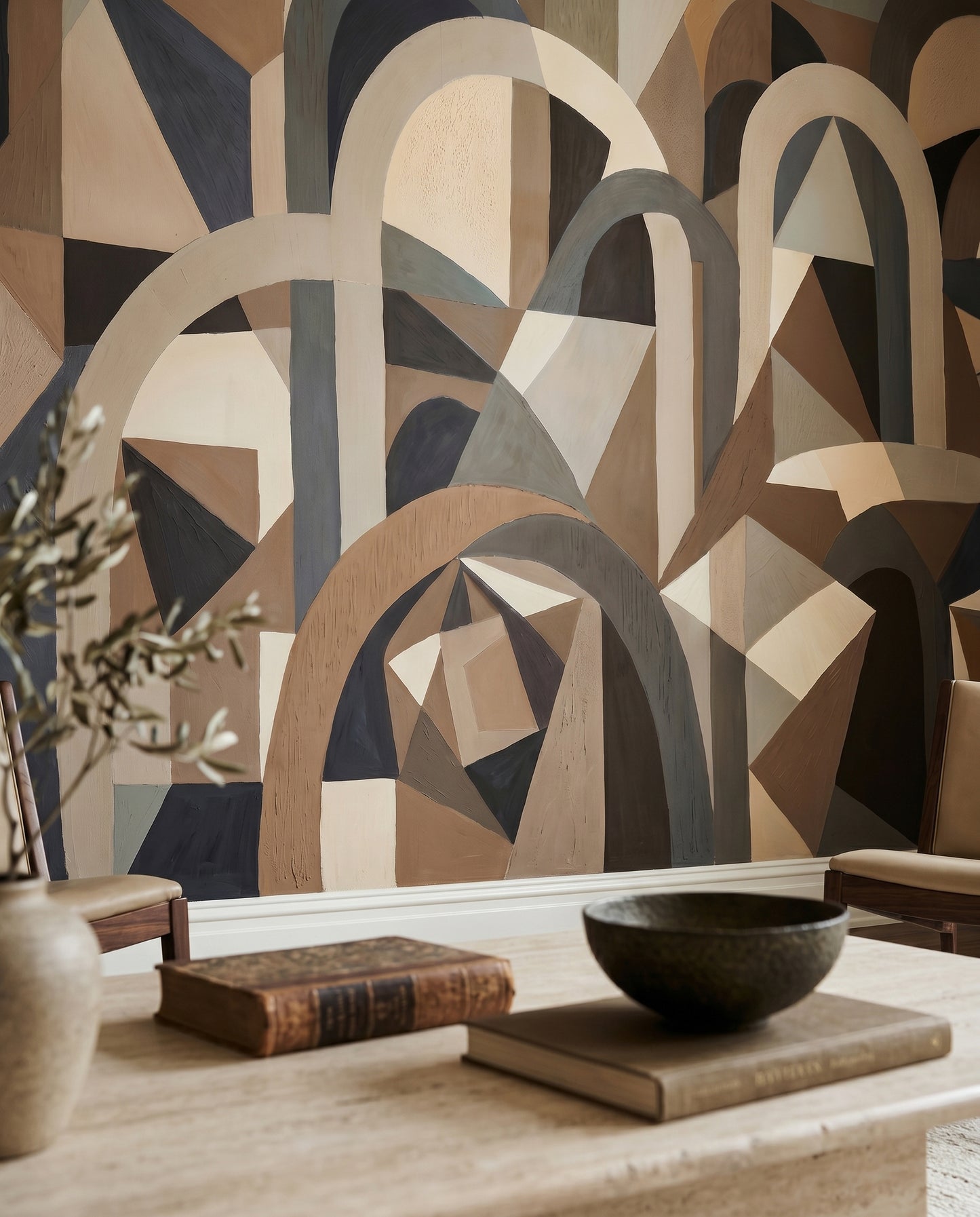 Entryway gets a sculpted statement from the Silent Axis cubist wall mural surface.