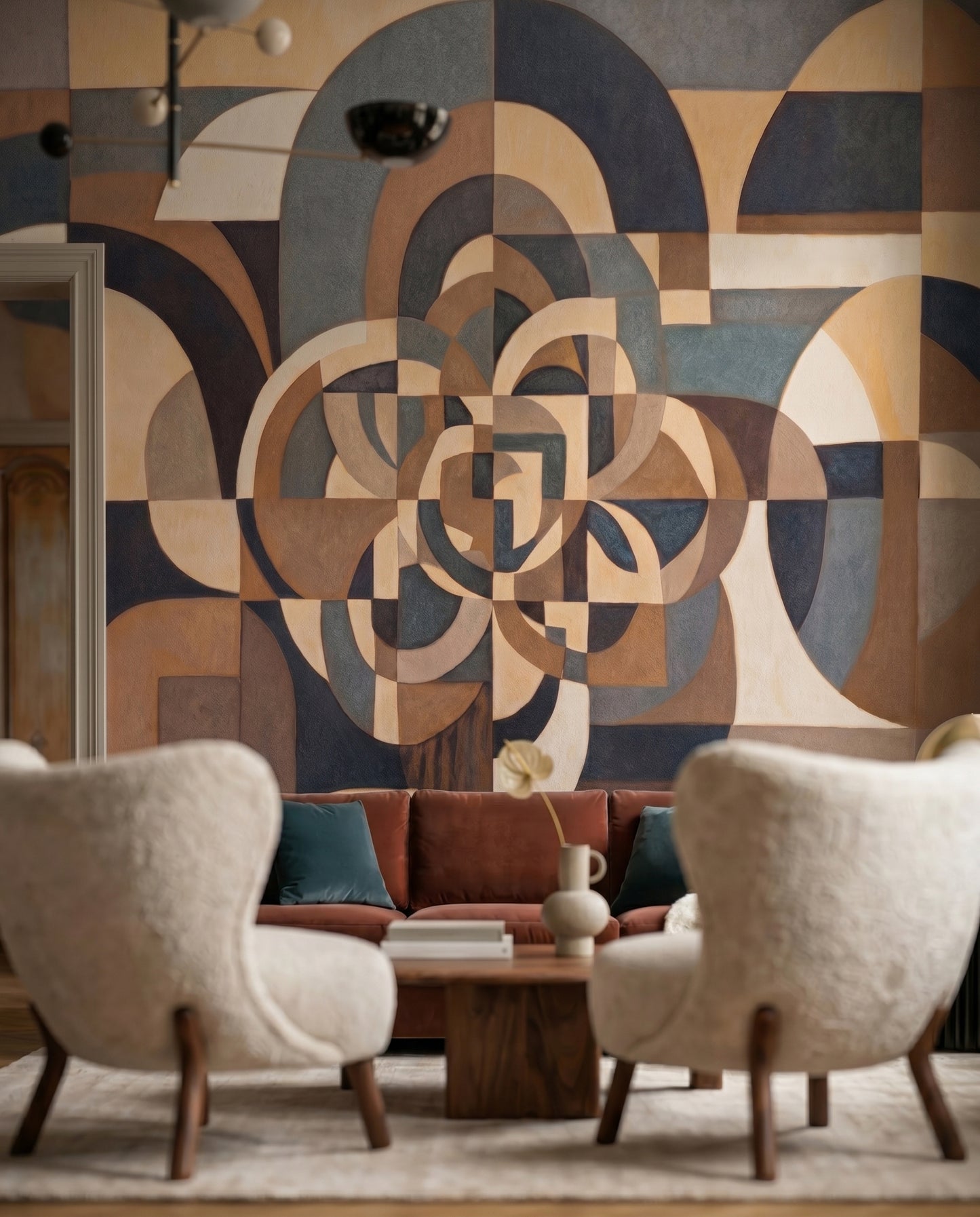 Geometric blocks and bloom motif of Silent Passage wall mural sit in a calm Living room 