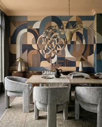 Beige and charcoal geometry of the Silent Passage wall mural lifts a dining room