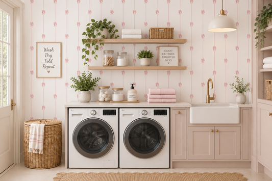 Soft Pink Ribbon Vertical Stripe Wallpaper⁠ GD12406