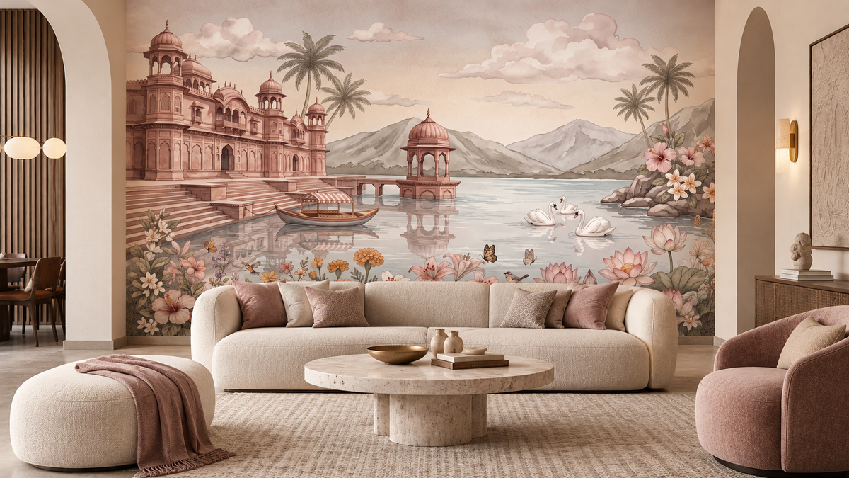 Palace and lake wallpaper mural behind a beige sofa in a warm living room GD13086