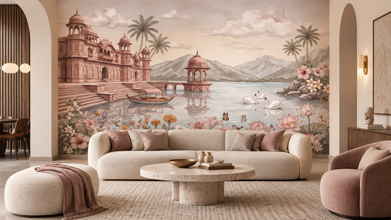 Palace and lake wallpaper mural behind a beige sofa in a warm living room GD13086