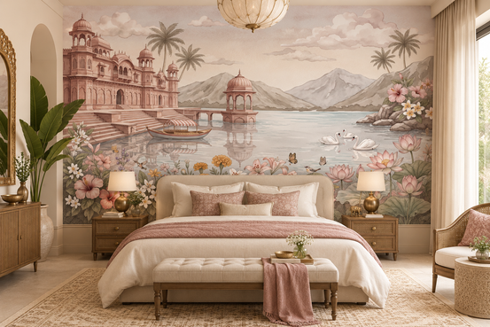 Swan lake palace wallpaper mural above a blush bed in a warm bedroom GD13087