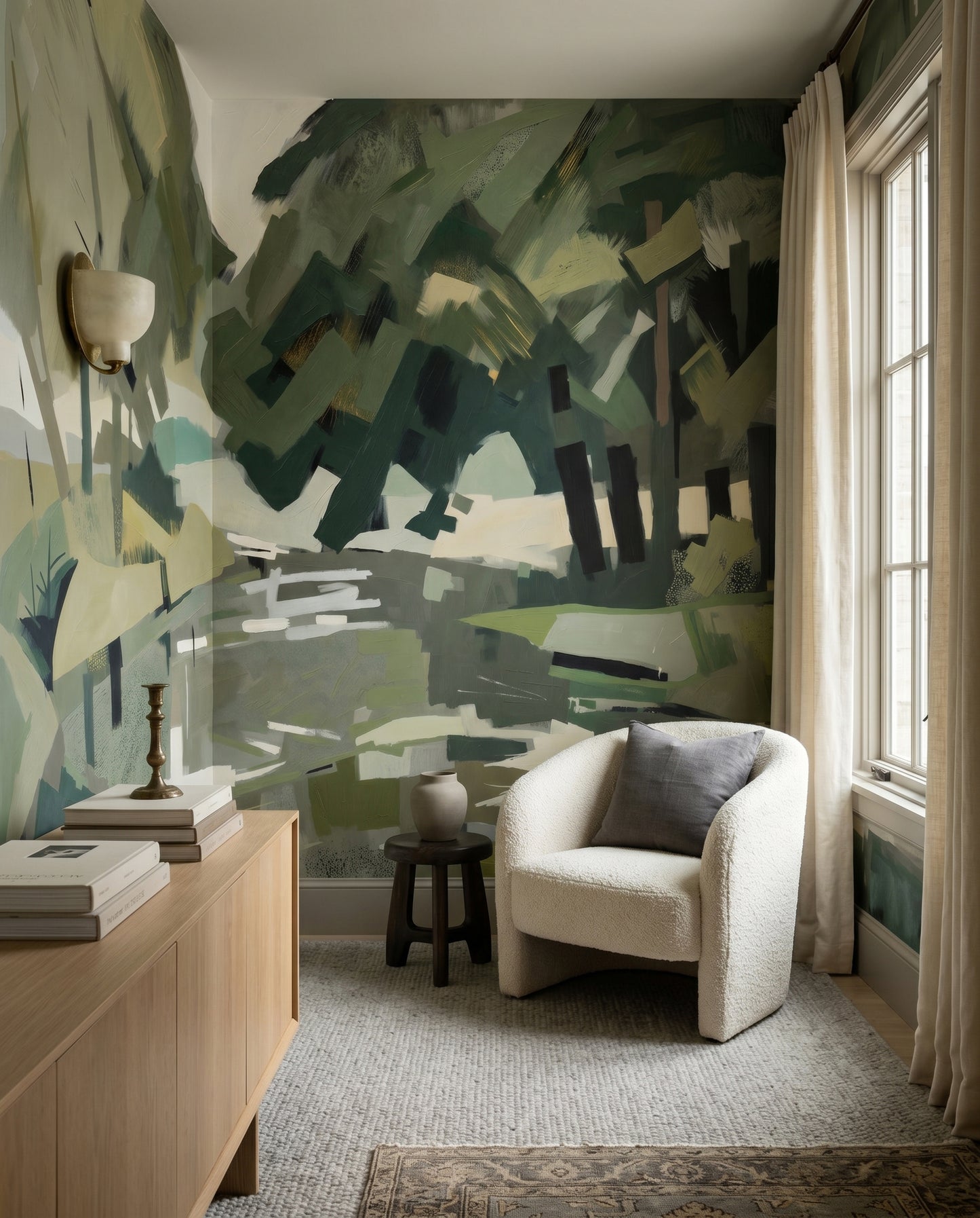 A lounge gains painterly woodland depth with the Velvet Forest wall mural.