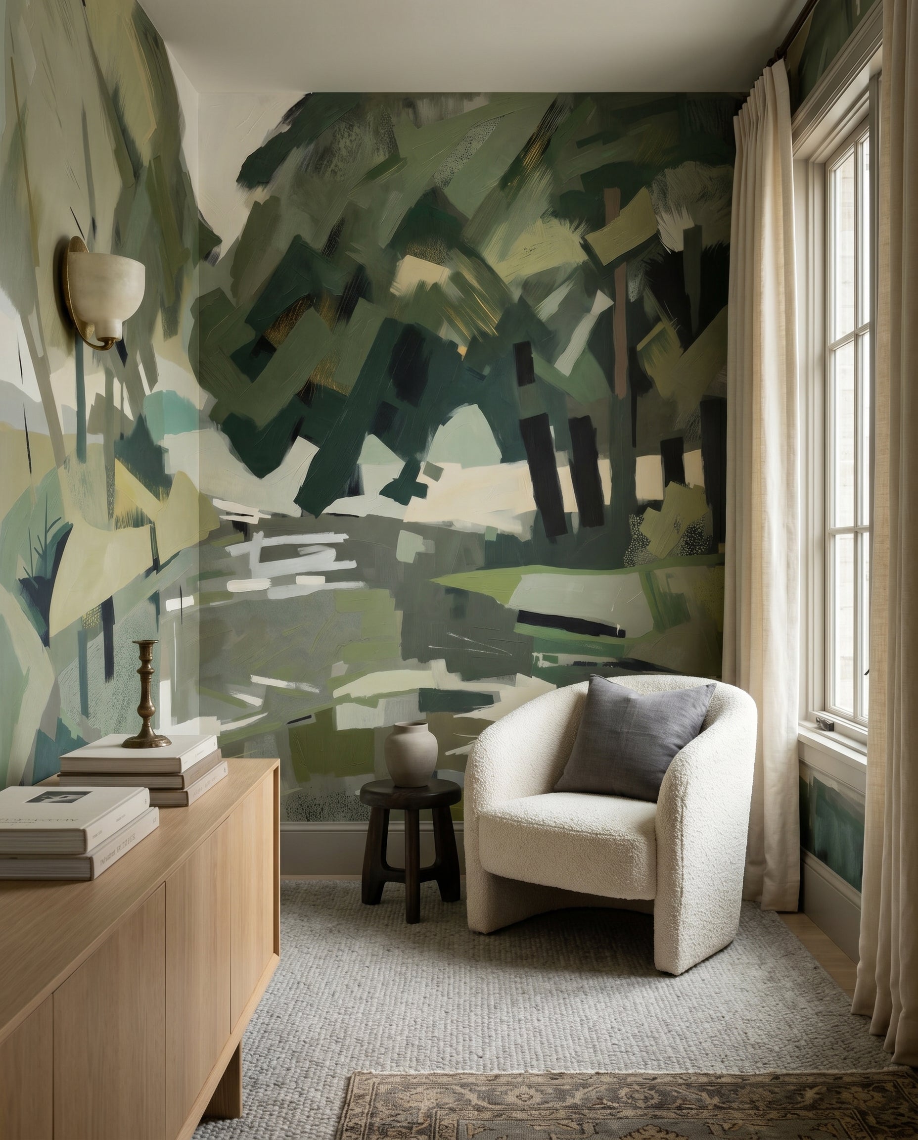 A lounge gains painterly woodland depth with the Velvet Forest wall mural.
