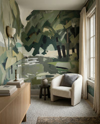 A lounge gains painterly woodland depth with the Velvet Forest wall mural.