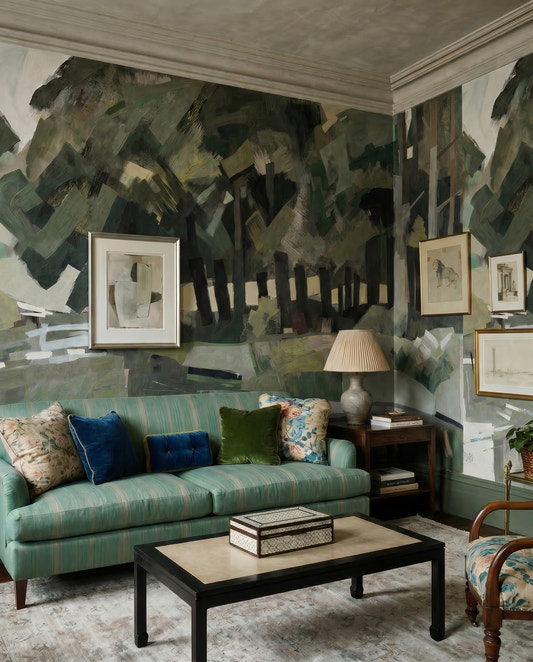 Velvet Forest wall mural becomes the backdrop in a calm green living room.