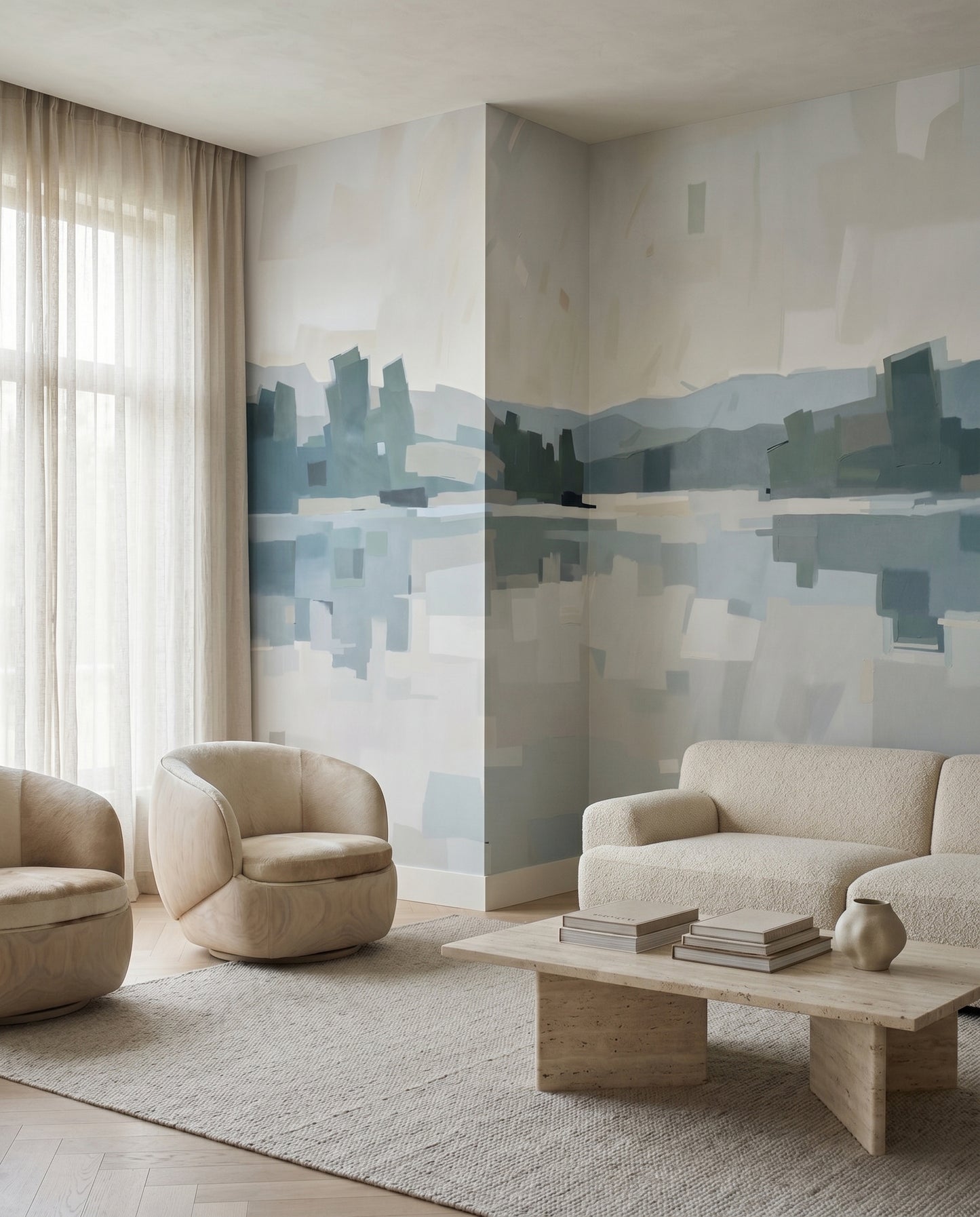 Velvet Glow wall mural shows a painterly lake under quiet hills and a pale sky.