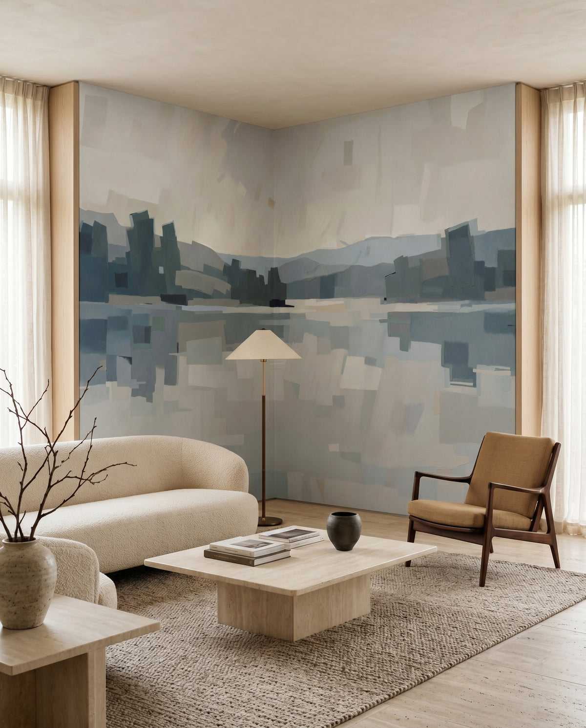 Velvet Glow wall mural runs the length of a calm living room feature spot.