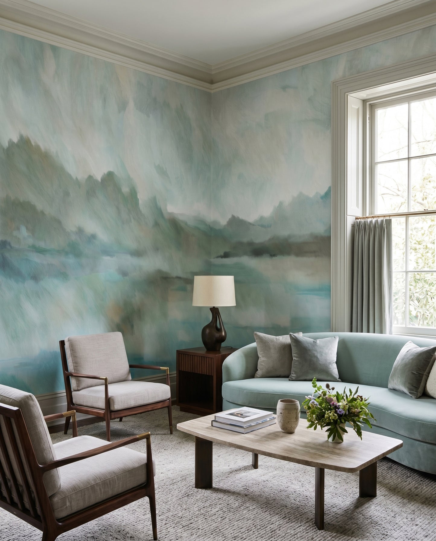 Living room finished with the misty mountain wall mural in muted seafoam tones