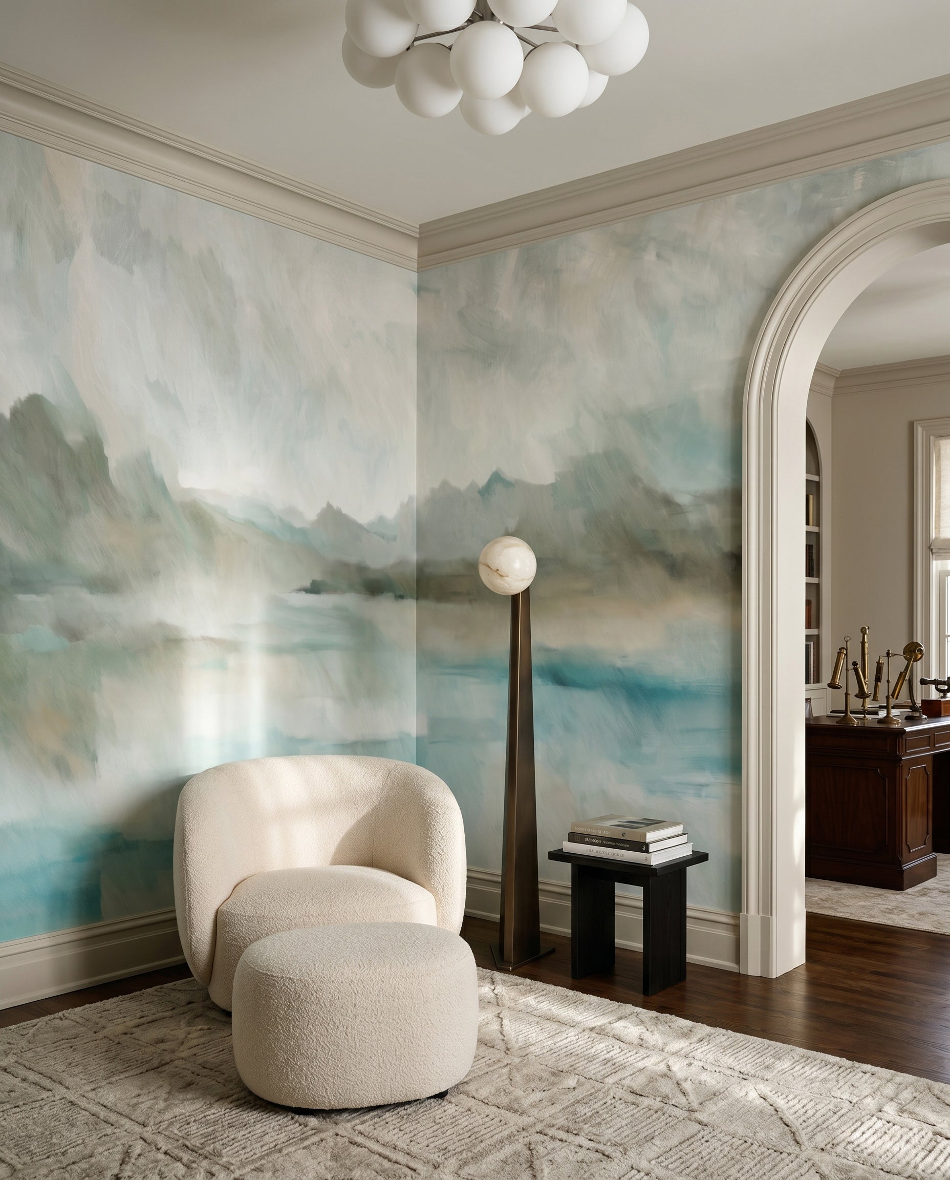 Misty lake scene of the Velvet Horizon wall mural across a hallway