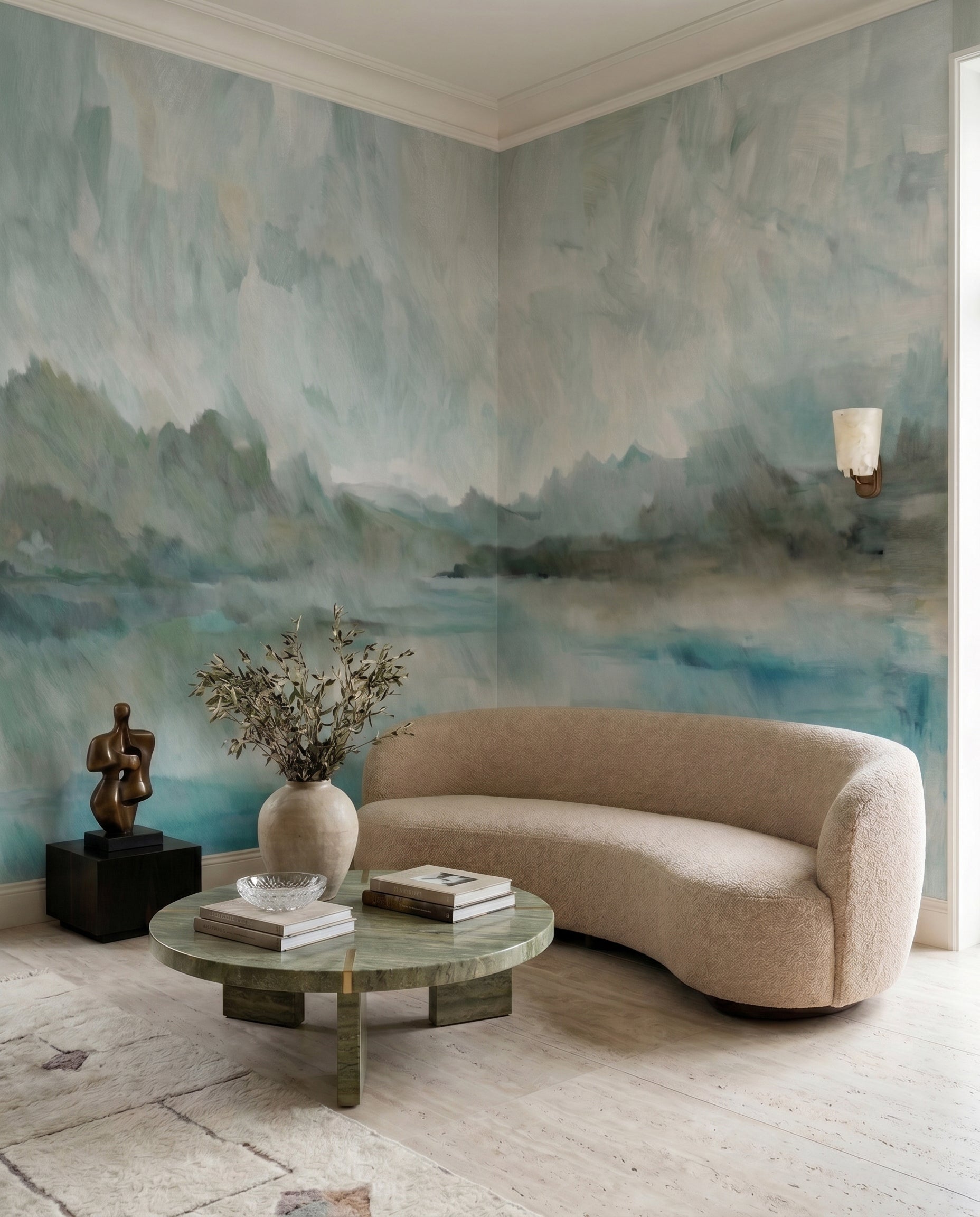 Living room styled around the Velvet Horizon wall mural in teal and sage