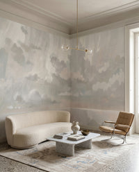 Velvet Smoke wall mural sets a calm tone across a neutral living room.