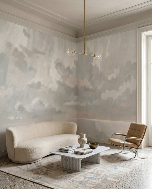 Velvet Smoke wall mural sets a calm tone across a neutral living room.