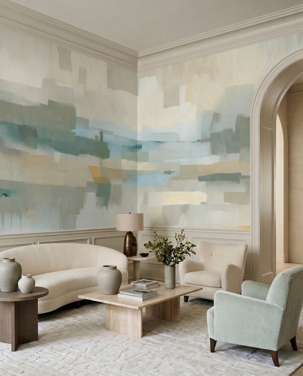 Living room alcove styled with the Velvet Dusk wall mural in muted tones
