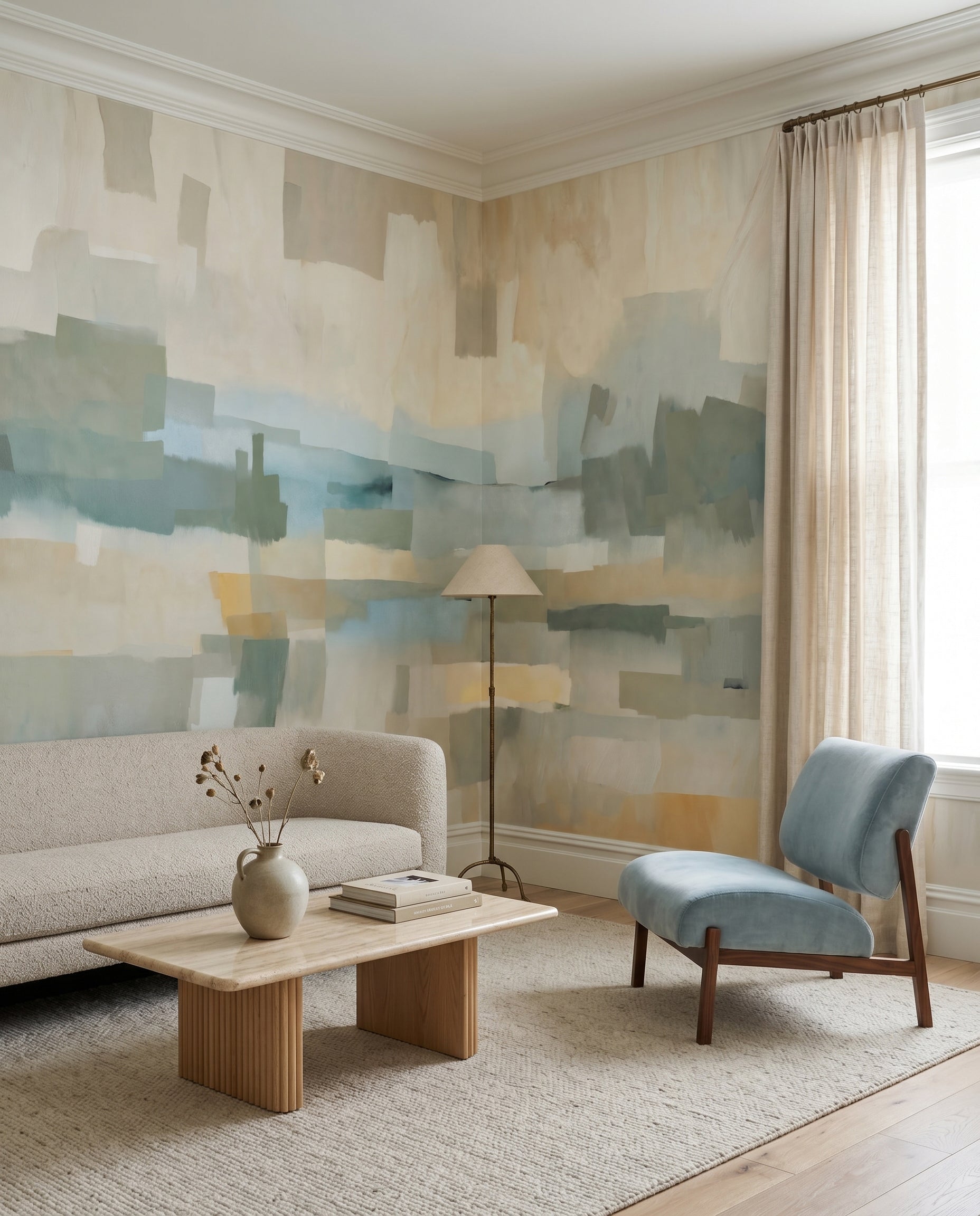 Cream-toned living room finished with the abstract Velvet Dusk wall mural