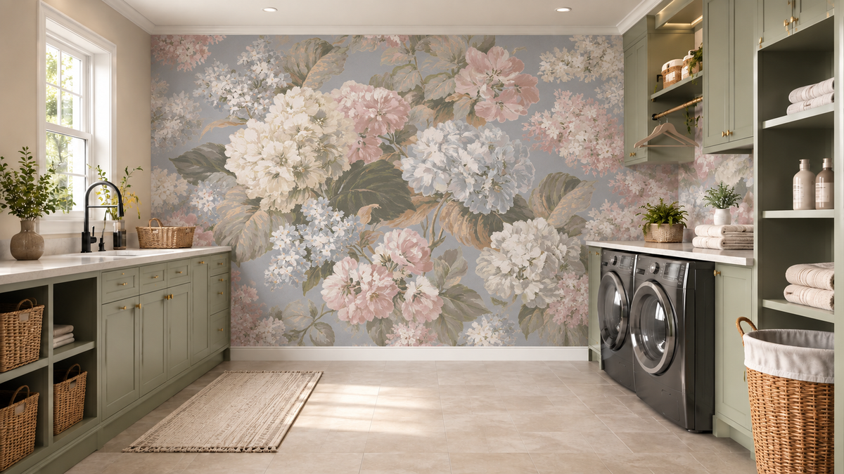 Vintage hydrangea botanical mural in a sage green laundry room with washer GD12871